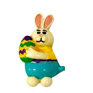 Vintage Rabbit White Easter Egg Spring Brooch Pin Colorful 1.75”